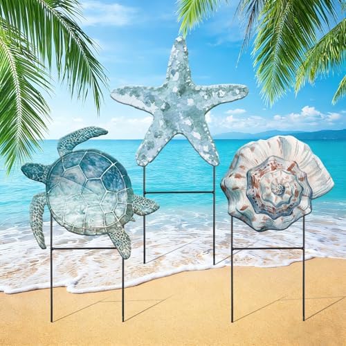 3 Pcs Summer Metal Ocean Yard Stakes, Turtle Starfish Conch by Moxweyeni