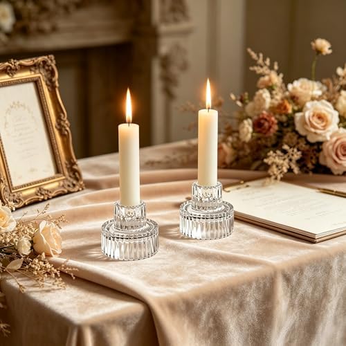 Hosley Set of 12 Glass Taper Candle Holders - Clear Glass Candlestick Holders 2 Inch High for Wedding Centerpieces, Party, Dinner Table, Reiki Meditation, Home Decor - Image 4