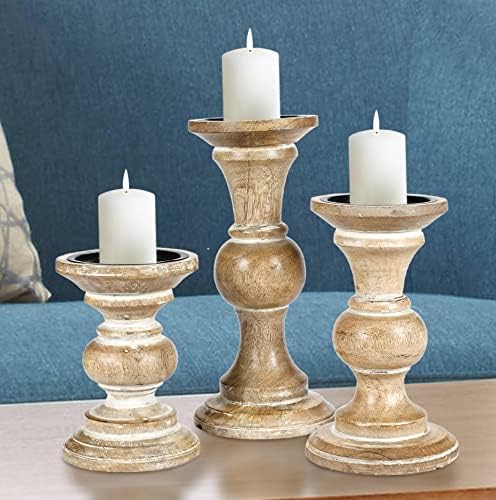 Homebia Design Wooden Pillar Candle Holder Set – 10, 8, 6 Inch – White Wash - Image 3