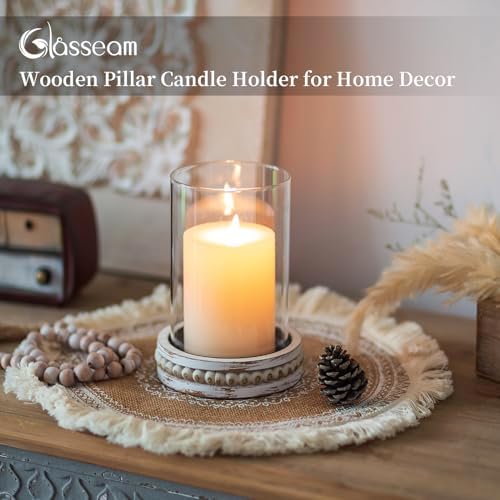 Glasseam Hurricane Glass Candle Holders, Rustic Pillar Candle Holder Set of 2, Farmhouse Candle Holders for Table, Cylinder Candle Holder with Beaded Candle Plates for Dining Living Room Decorations - Image 2