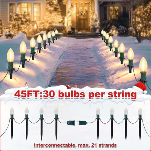 45Ft C9 30 Led Bulbs Christmas Pathway Lights Outdoor, Warm White Waterproof Connectable Christmas Walkway Lights for Driveway, Yard, Lawn, Sidewalk Decorations - Image 6