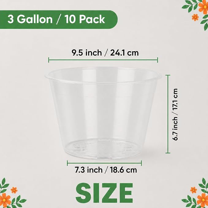 3 Gallon Clear Nursery Pots 10 Pack, 10 Inch Large Plastic Plant Pots with Drainage Holes, Transparent Planters for Root Monitoring, Seedlings, Succulents, Flower, Indoor Outdoor
