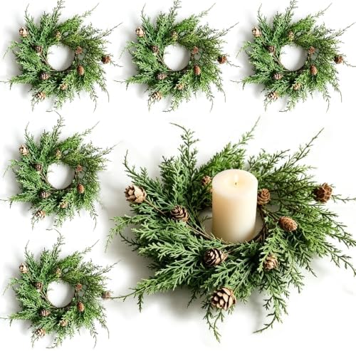 6 PCS Christmas Candle Rings Wreaths Mini Cedar Pine Candle Holder Rings by Unknown