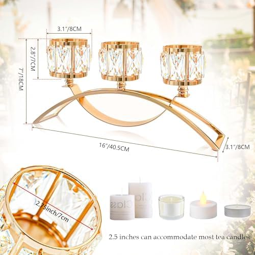 3 Arms Crystal Candle Holders, Arch Candlestick Table Candelabras Centerpieces for Wedding, Dinning Room, Cabinet Ornaments, Home Decoration， Gift (3-arm Arched, Gold) - Image 2