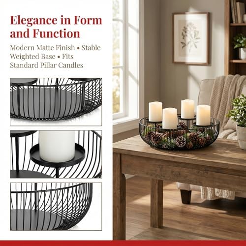 4-Tray Matte Black Candle Holder - Round Pillar Candle Holder for Fireplace Mantel, Dining Table Centerpiece, Modern Wire Basket Candle Stand for Home Decor, Wedding & Holiday Decorations - Image 3