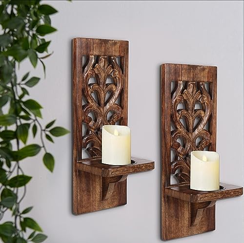 Burnt Wood Wall Sconces Set of 2 - Wall Mounted Pillar Candle Holders for Christmas Decoration, Rustic Wooden Scones, 16 Inch Wall Décor for Living Room & Bedroom by Lightnpro