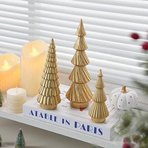 Gold Christmas Tree Decor, Small Resin Christmas Tree Figurines - Image 5
