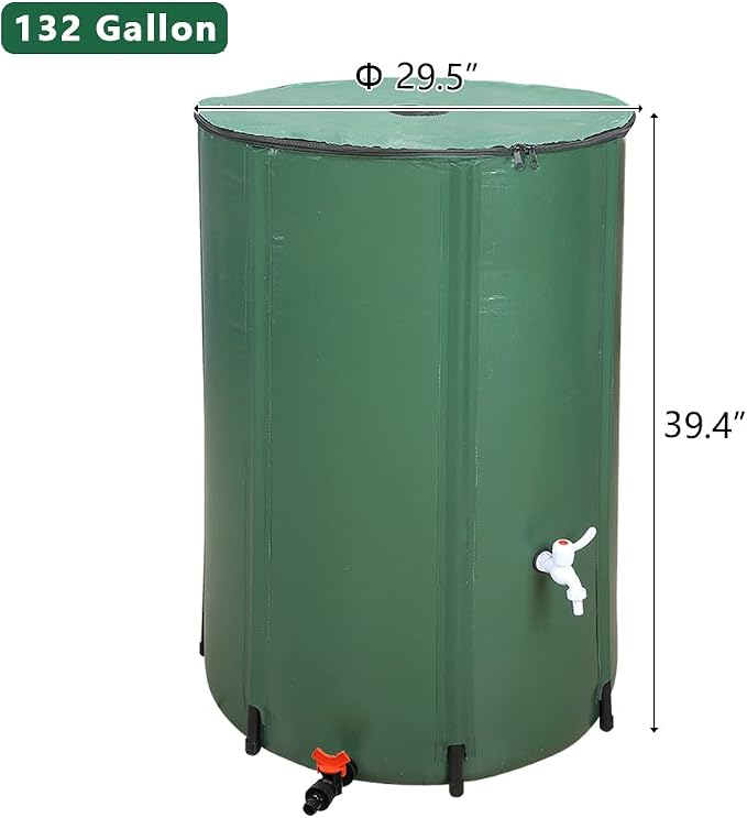 Collapsible Rain Barrel, 132 Gallon Portable Rainwater Collection System, Rain Catcher Barrel, Water Storage Tank with Two Spigots and Overflow Kit, Rain Water Barrel Collector for Garden, Green