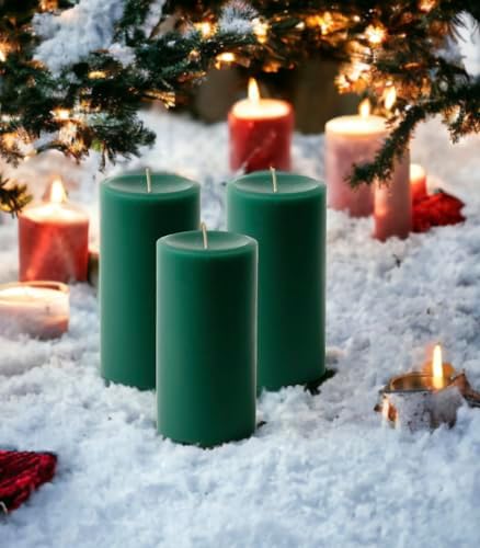 Mister Candle Dripless Unscented Pillar Candles, Set of 3 Hand Poured Hunter Green Pillar Candles, Solid Color Non-Scented Candles for Home Decor, Premium Wax, 80 Hr Burn Time, 3x6 Inch - Image 2