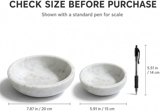 White Marble Decorative Bowl, 7.87-Inch | Natural Stone Catchall Bowl for Keys, Jewelry, Sunglasses and Small Decor, Coffee Table Centerpiece, Entryway Table
