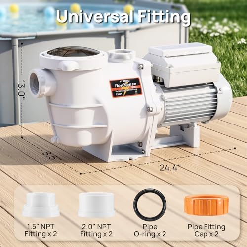 TURBRO 1.5 HP Variable Speed Swimming Pool Pump, 6,300 GPH | High Flow Self-Priming Pump for Above-Ground Pools, with Strainer Basket, 1.5” and 2.0” NPT Fittings, 220-240V, FS15V