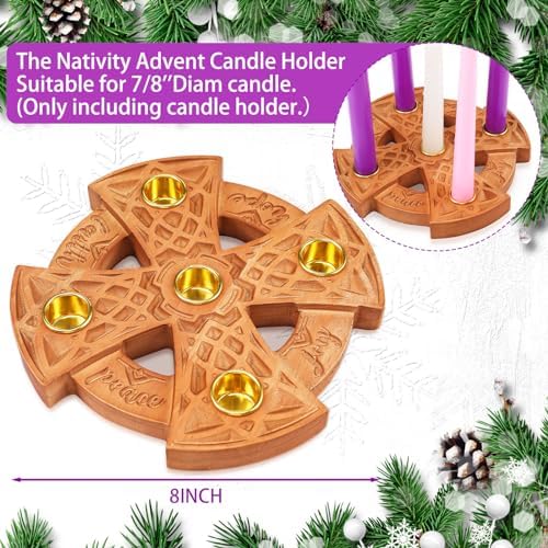 Nitial Christmas Advent 5 Candles Holder Wood Ring Shaped with Celtic Knot Nativity Candleholder for Xmas Home Church Prayer Party Table Centerpiece Decor Elegant Christian Religious Gifts - Image 3