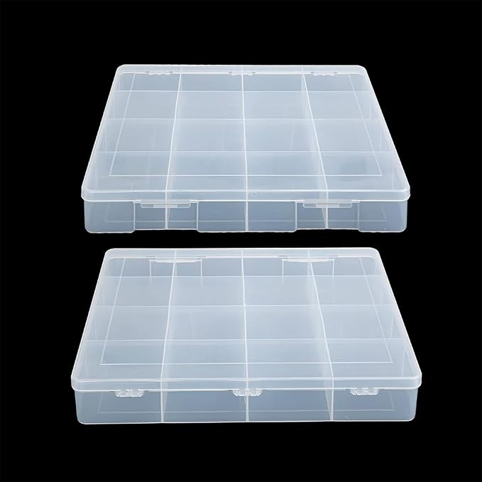 2 Pack Fixed 16 Grids Clear Plastic Large Compartment Container Case, Transparent Organizer Storage Divider Box with Lid for Bead, Button, Hardware, Screw, Sewing Kit, Craft Supplies