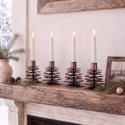 Yungyan 4 Pcs Christmas Pine Cone Taper Candle Holders 3.1 Inch Christmas Pinecone Candle Holder Metal Rustic Candlestick Holder Vintage Distressed Table Centerpiece for Xmas Holiday Farmhouse Decor - Image 5