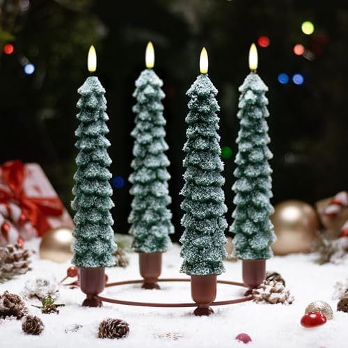 Stmarry 4 PCS Flameless Christmas Tree Candles with Remote, Snow Covered Real Wax Flameless Taper Candles 9.65 Inch, LED Candlesticks Battery Operated with 3D Flickering Flame, Christmas Candles Decor - Image 4