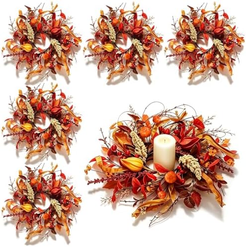 Fall Candle Ring Wreath, Artificial Autumn Berry Grain Candle Holder Wreath, Small Harvest Candle Ring with Red Berries Foliage for Thanksgiving Table Centerpiece Home Decor by Unknown