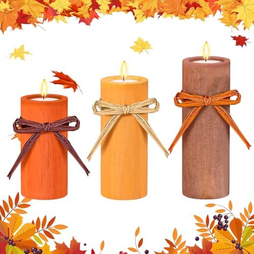 MTLEE 3 Pcs Fall Wood Candle Holders Fall Style, Soy Wax Tea Light by MTLEE