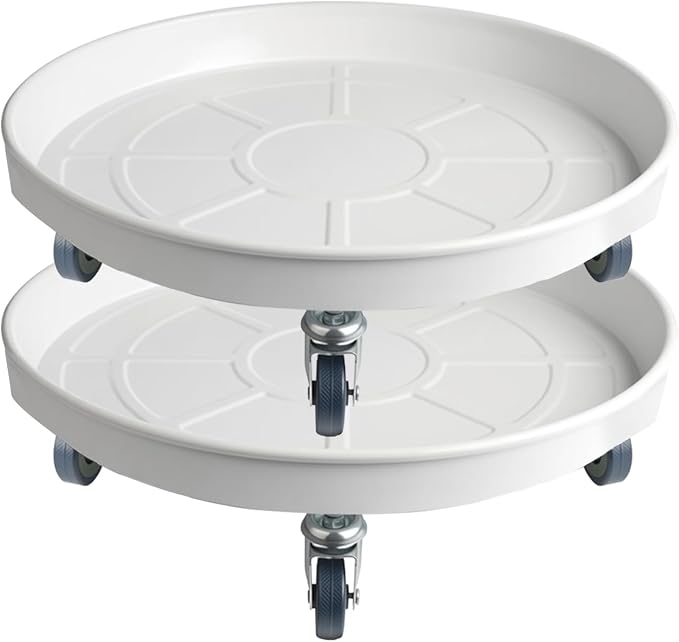 16 Inch Heavy Duty Plant Stand on Wheels, Round Plant Caddy with Wheels for Indoor & Outdoor Use, Metal Rolling Tray for Potted and Small Furniture (White 2Pcs)