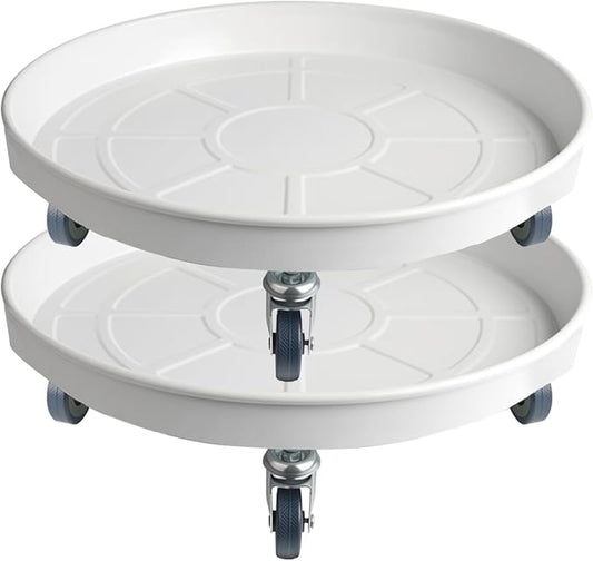 16 Inch Heavy Duty Plant Stand on Wheels, Round Plant Caddy with Wheels for Indoor & Outdoor Use, Metal Rolling Tray for Potted and Small Furniture (White 2Pcs)
