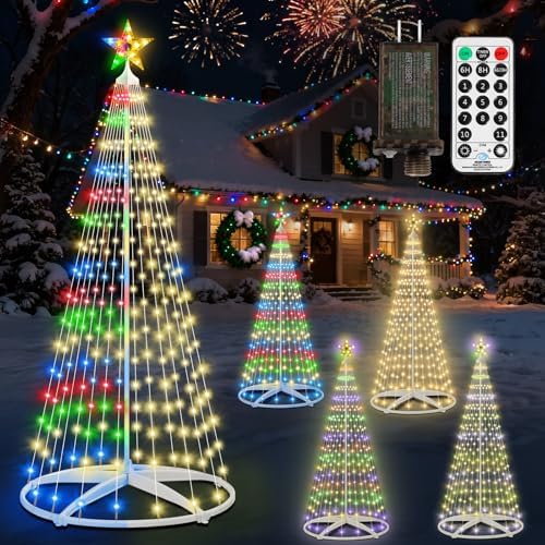 Christmas Cone Tree Lights, 6ft 250 LED Lighted Christmas Tree with 11 Lighting Modes Timer Remote, Artificial Xmas Tree Dimmable, Multicolor & Warm White for Indoor Outdoor Yard Garden Patio Decor by JORETLE