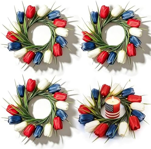 4 PCS 4th of July Candle Rings Wreaths Patriotic Tulip Silk Memorial Day American Flag Floral Candle Rings Holder with Red White and Blue Flower for Independence Day Labor Day Table Centerpiece Decor by Unknown