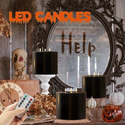 Extra Large Black Flameless Candles with 3 Wicks, 6"x6" Real Wax Halloween Candles with Remote, Battery Operated Candle Flickering LED Candles Fake Candle for Halloween, Home, Party - Image 5