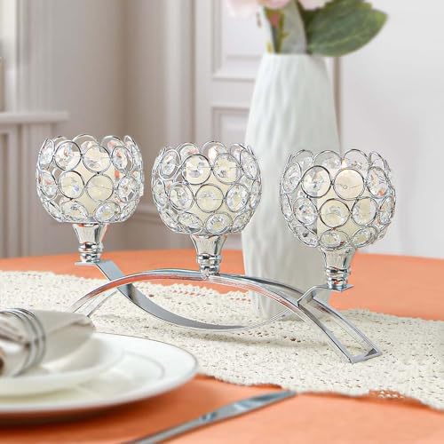 Crystal Tealight Candle Holder Centerpiece Home Decorative Candlestick Holder Elegant Table Centerpiece Home Decor Wedding Party Anniversary (Silver, 3 Arm of 4 Pcs) - Image 3