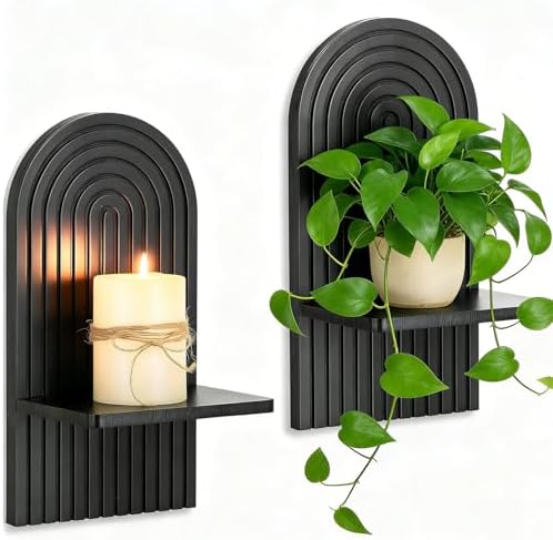 Black Wall Candle Holder: Wood Arch Candle Sconces Set of 2 by Walasis