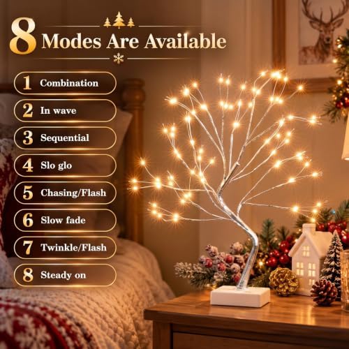 EAMBRITE Fairy Light Tree, 108 Led Light up Trees Decor Indoor, 8 Modes Fairy Light Spirit Tree for Christmas Decorations, USB& Battery Tabletop Bonsai Tree for Home Bedroom Decorations (2 PK, Sliver) - Image 5