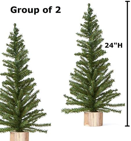 Pack of 2 Small Artificial Canadian Pine Christmas Trees 24 inch Pine Trees with Wood Bases - Add to Holiday Décor and Decorations in Home or Office - Image 4
