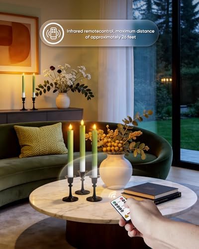 Real Wax Flameless Taper Candles Battery Operated, LED Candlesticks with Remote for Flickering and Timer, Green Striped Decorative Candles for Christmas, Home,and Relaxing Spaces - Image 4
