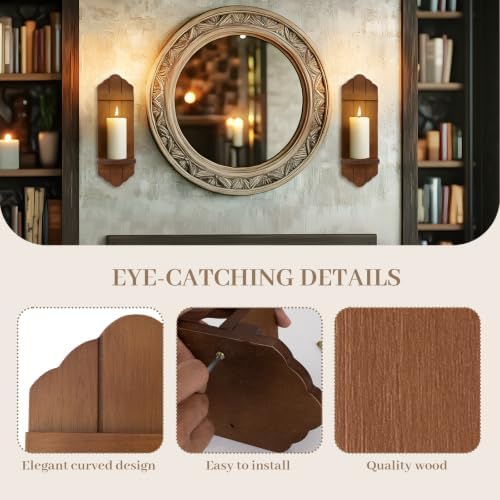 Wall Candle Sconces Set of Two, Rustic Wood Wall Candle Holder Decor, Farmhouse Wooden Candle Holder Wall Decorations for Fireplace, Hallway, Living Room, Bedroom, Walnut Wood Color - Image 3