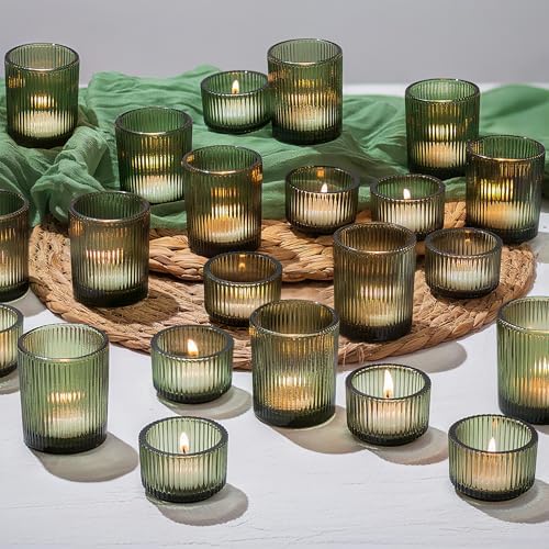 Glasseam Glass Tealight Candle Holders 24 Green Ribbed Votive for Christmas by Glasseam