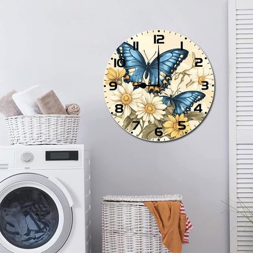Butterflies Wildflower Wooden Silent Non-Ticking 10 Inch Round Clocks Battery Operated Analog for Living Room Kitchen Bedroom Bathroom Office Home School Decor