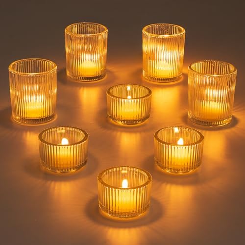 Glasseam Glass Tealight Candle Holder: Set of 8 Ribbed Clear Votive Candle Holders for Table Centerpiece, Decorative Small Vintage Tea Lights Candle Holder for Wedding Christmas Dining Room Decoration by Glasseam