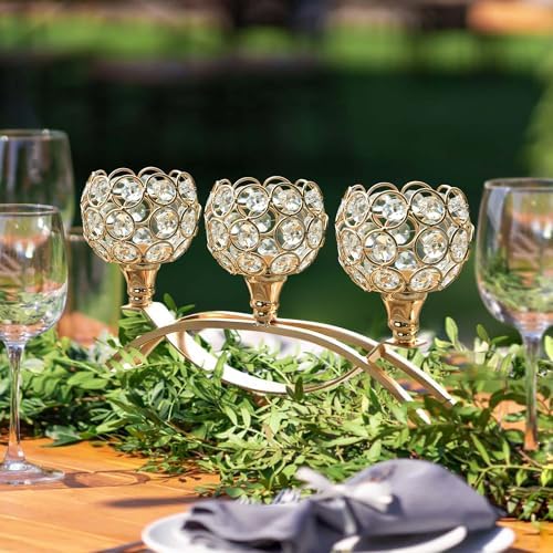 Crystal Tealight Candle Holder Centerpiece Home Decorative Candlestick Holder Elegant Table Centerpiece Home Decor Wedding Party Anniversary (Gold, 3 Arm) - Image 4