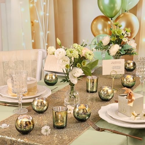 Volens Green Votive Candle Holders Set of 12, Round Mercury Glass Votives - Image 3