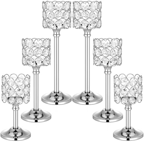 Mumufy 6 Pieces Crystal Candle Holders Set 3 Sizes Tall Crystal Wedding Candlestick Holders Pillar Candelabra Stand for Table Centerpieces for Christmas Party Wedding Dining Decoration (Silver) by Mumufy