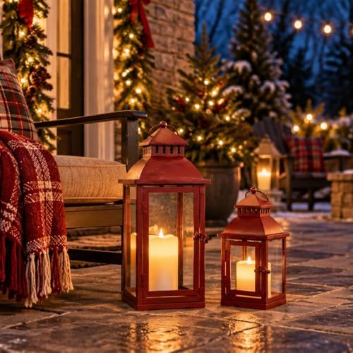 NEEDOMO Christmas Decorations Outdoor & Indoor, Set of 2 Outdoor Lanterns for Porch, Large Candle Lantern, Red Metal Frame with Glass, Vintage Farmhouse, Patio, Pathway, Garden, Christmas - Image 6
