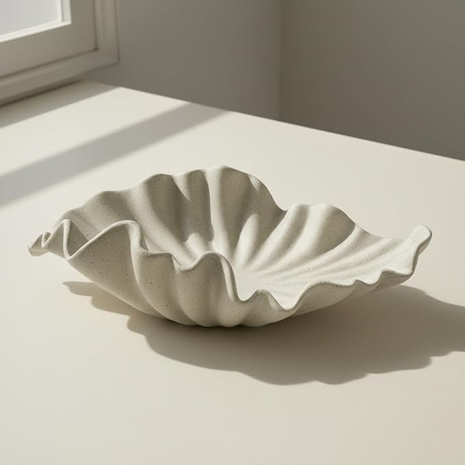 16" Large Decorative Bowl decor, Modern Home Decoration Scallop Bowl,Fashion Key Bowl for Entrance Table, Decorative Fruit Bowl for Kitchen Counter, Ruffle Decor, Light Gray