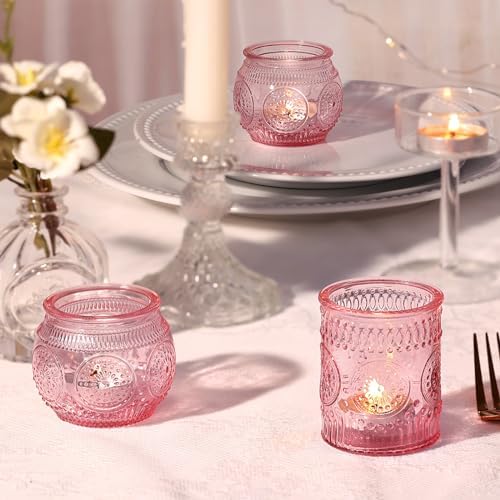 DARJEN 24Pcs Pink Votive Candle Holders- Glass Candle Holders Bulk for Flameless LED Tea Waxes, Romantic Candle Holder for Wedding Decor, Various Parties & Dinner Table - Image 2