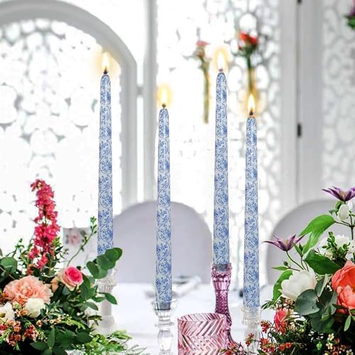 Blue Floral Long Taper Candles - 10 Inch Unscented and Smokeless Flower Printed Candle for Wedding, Dining & Holiday Table Centerpiece Set of 4 - Image 3