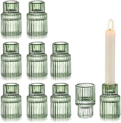 Glasseam Glass Candlestick Holders Bulk: 10 Pcs Vintage Green for Christmas by Glasseam