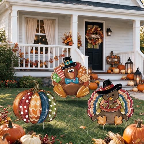 Smile Thanksgiving Yard Signs with Stakes, Turkey Pumpkin Lawn Sign by Sme