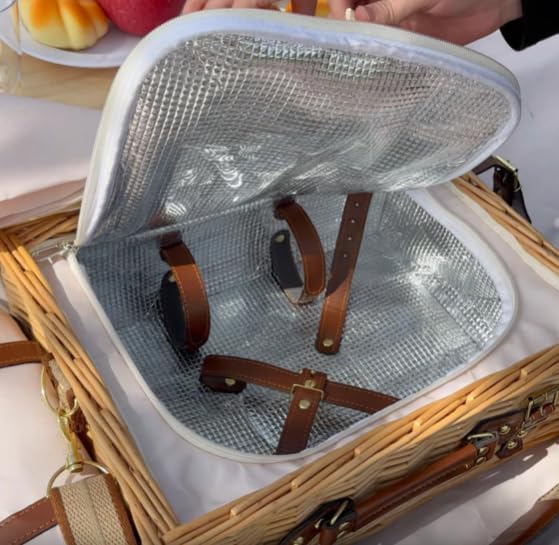 Multifunctional Wicker Picnic Basket Set for 2 Adults with Picnic Table and Blankets,Large Insulated Picnic Set with Wine Pouch and Full Tablewares for Camping Outdoor Couples Natural Beach Wedding