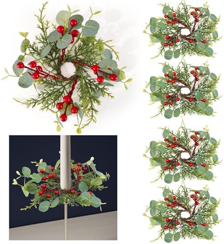 6 PCS Christmas Pine Taper Candle Rings Wreaths 1.38" Mini Norfolk Cedar Taper Candle Holder Wreaths Candle Rings with Berry for Xmas Winter Holiday Church Home Table Centerpiece Candlesticks Decor by Unknown