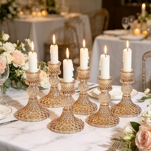 6 Pack Glass Taper Candlestick Holders, Gold Candlestick Holders, 4" H Crystal Candle Holders Decorative Candle Stand Centerpiece for Wedding, Festival, Dinning Party Table Decor by AUMAYCO