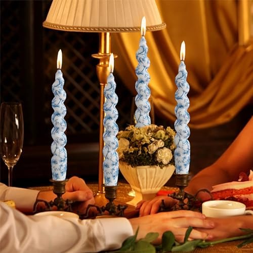 Spiral Candle Sticks Printed Candlestick,Set of 4 Long Taper Candle Colorful Twisted Candlesticks 10 inches Blue Flower Tapered Candles for Home Wedding Women Gifts (2D4T-BLUFLW) - Image 4
