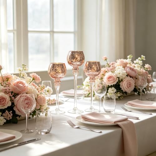 Hosley® Elevate Ambiance with Set of 3 Crackle Rose Gold Glass Tealight Holders 12 Inch, 10 Inch, 9 Inch Sophisticated Decor for Chic Candle Displays - Image 2