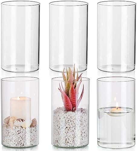 Glasseam Hurricane Glass Candle Holder Set of 6, Cylinder Clear Candle Holders for Pillar Candles, Modern Cylinder Vases for Floating Candles, Vases for Centerpiece Wedding Table Decorations, 6inch by Glasseam